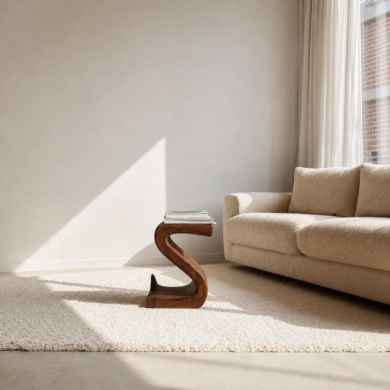 Sculptural Natural Solid Wood Side Table with Curved S Base