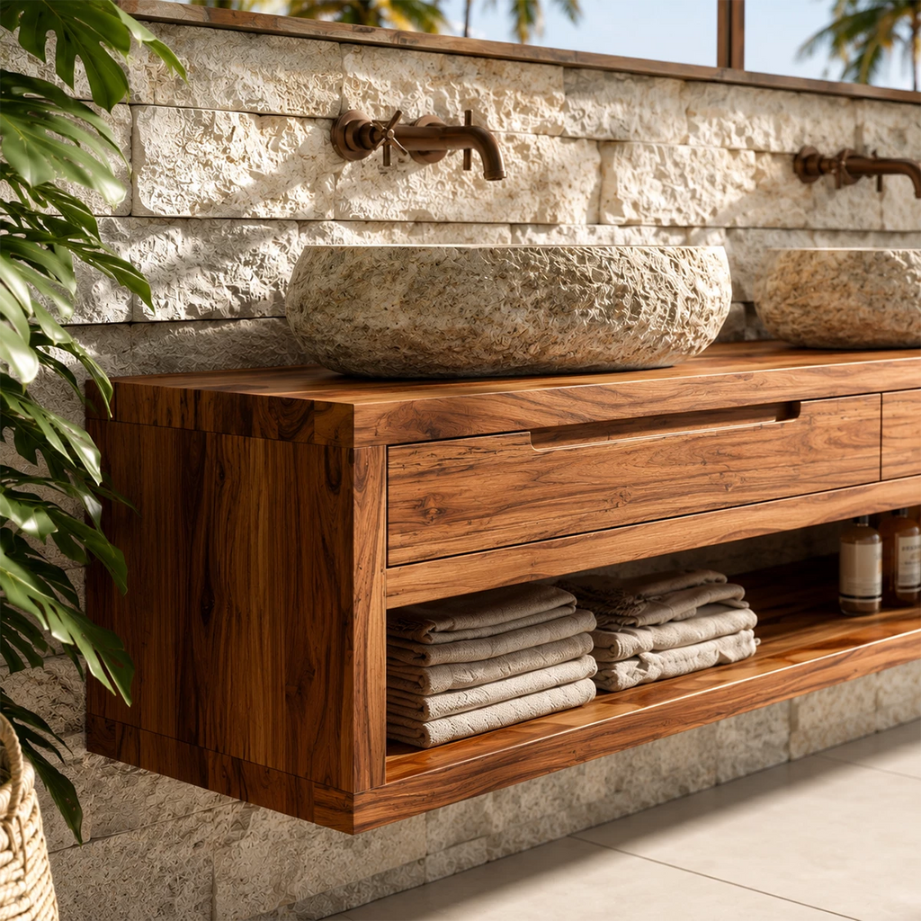 Floating Double Bathroom Vanity With Natural Solid Wood Storage