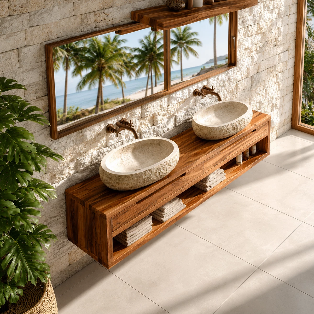 Floating Double Bathroom Vanity With Natural Solid Wood Storage