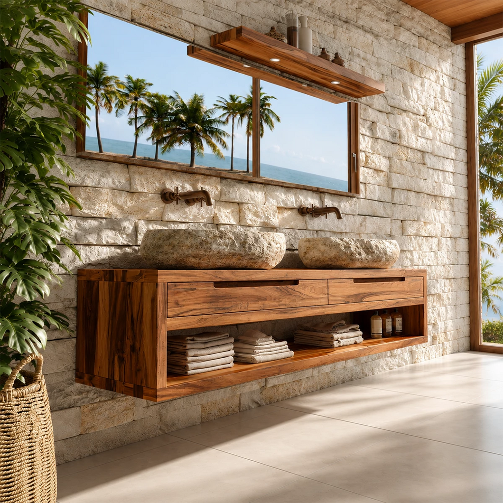 Floating Double Bathroom Vanity With Natural Solid Wood Storage
