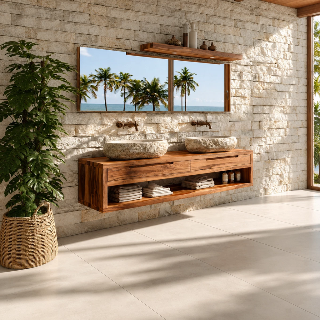 Floating Double Bathroom Vanity With Natural Solid Wood Storage