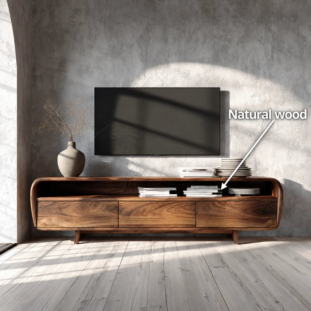 Curved Natural Solid Wood TV Stand with Open Shelf and 3 Drawers