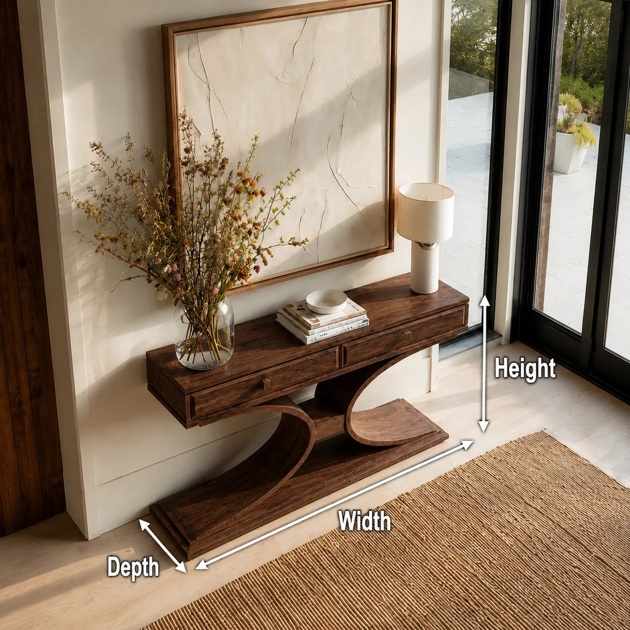 Natural Solid Wood Console Table with 2 Drawers and Sculptural Base