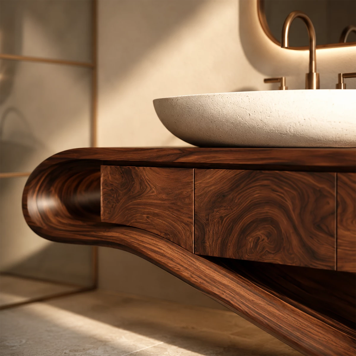 Organic Solid Wood Bathroom Vanity With Sculptural Wave Base
