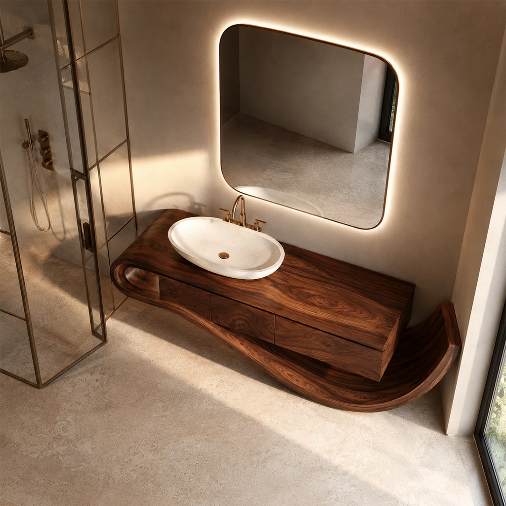 Organic Solid Wood Bathroom Vanity With Sculptural Wave Base