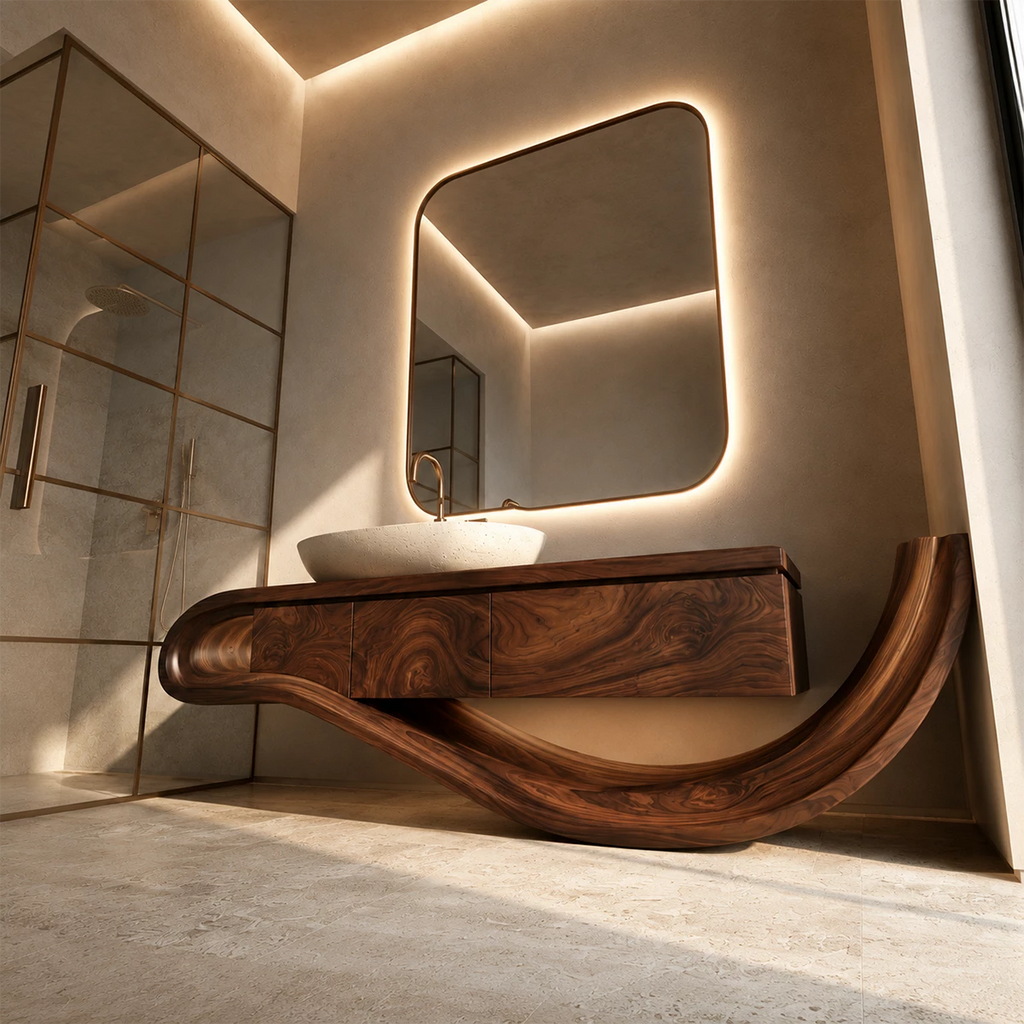 Organic Solid Wood Bathroom Vanity With Sculptural Wave Base