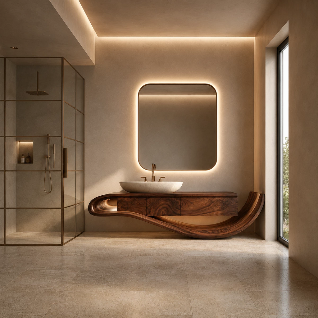 Organic Solid Wood Bathroom Vanity With Sculptural Wave Base