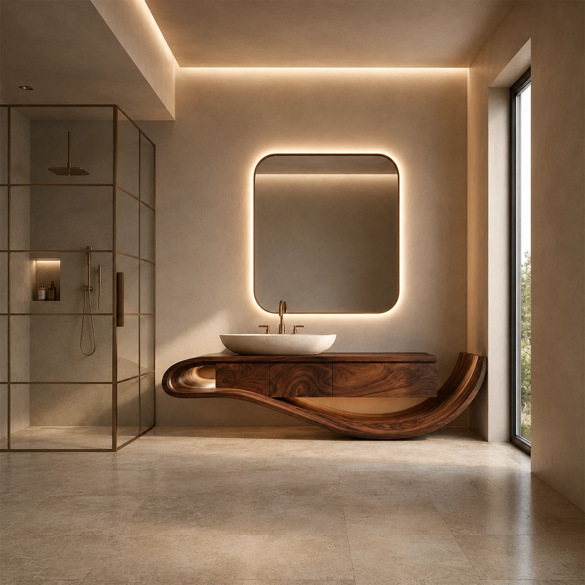 Organic Solid Wood Bathroom Vanity With Sculptural Wave Base