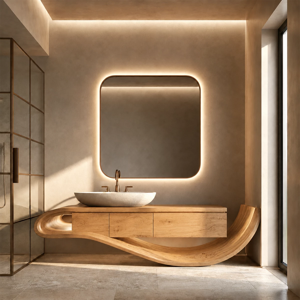 Organic Solid Wood Bathroom Vanity With Sculptural Wave Base