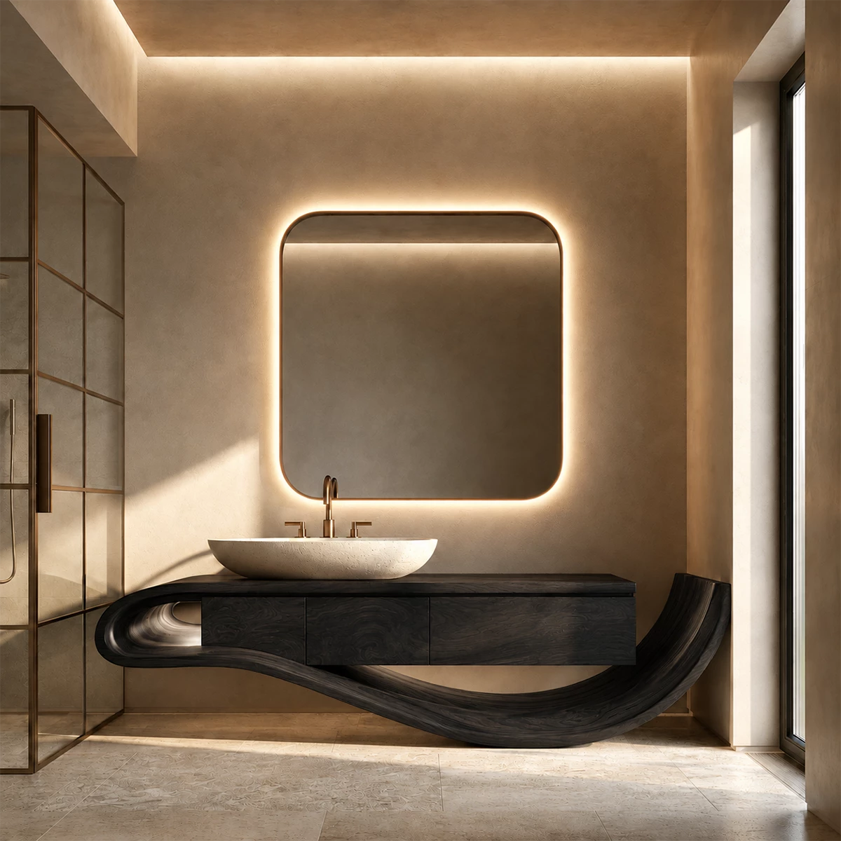 Organic Solid Wood Bathroom Vanity With Sculptural Wave Base