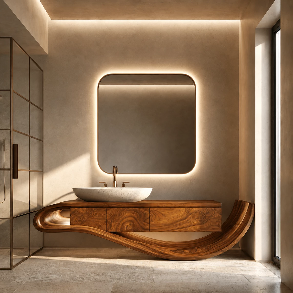 Organic Solid Wood Bathroom Vanity With Sculptural Wave Base