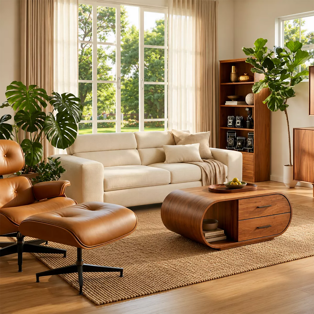 Curved Solid Wood Coffee Table With Drawers And Open Shelf