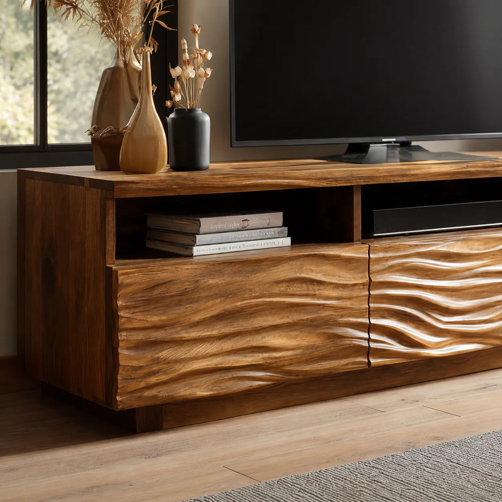 Wave Carved Natural Solid Wood TV Stand with Open Shelf Storage
