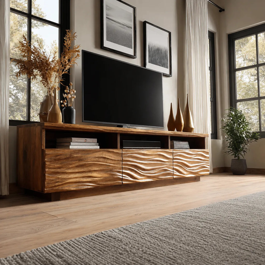 Wave Carved Natural Solid Wood TV Stand with Open Shelf Storage