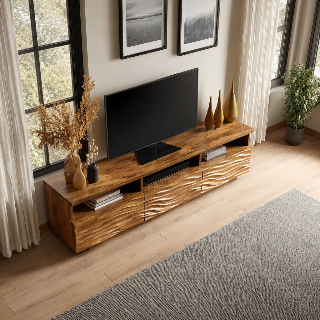 Wave Carved Natural Solid Wood TV Stand with Open Shelf Storage