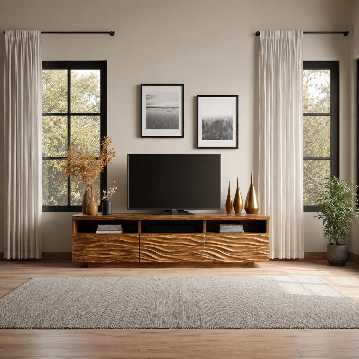 Wave Carved Natural Solid Wood TV Stand with Open Shelf Storage