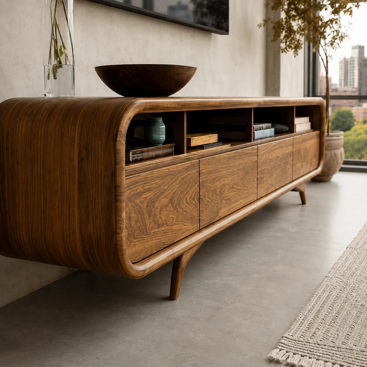 Rounded Natural Solid Wood TV Stand with Open Shelves and Drawer Storage