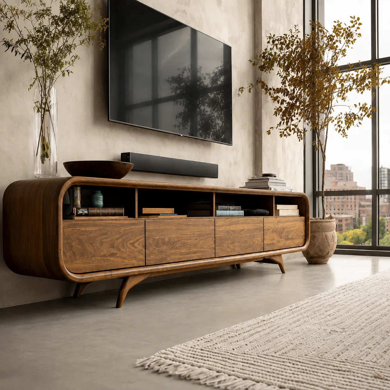 Rounded Natural Solid Wood TV Stand with Open Shelves and Drawer Storage