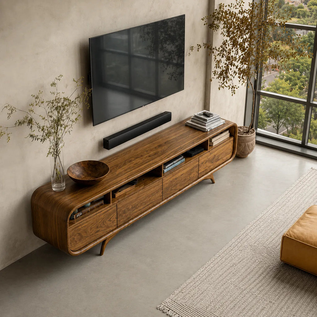 Rounded Natural Solid Wood TV Stand with Open Shelves and Drawer Storage
