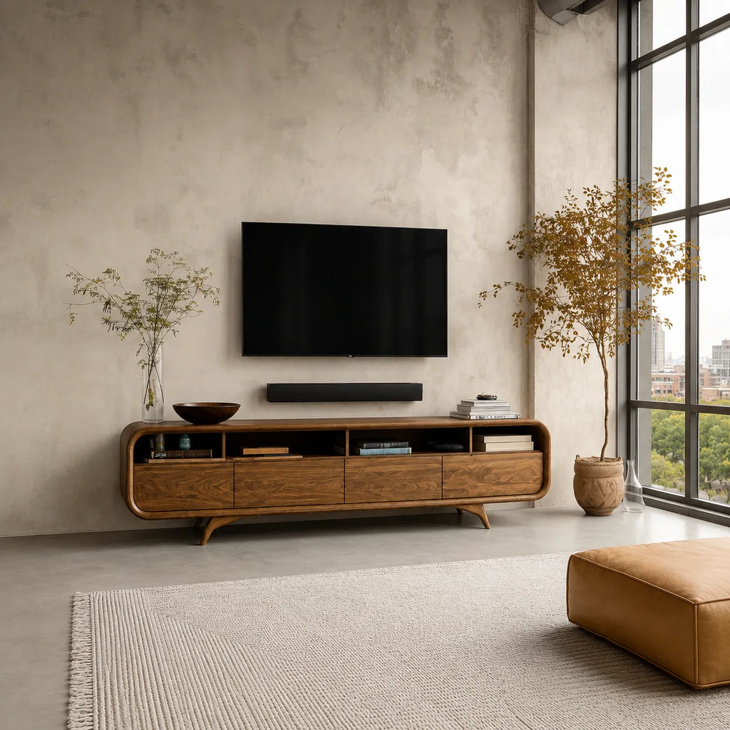 Rounded Natural Solid Wood TV Stand with Open Shelves and Drawer Storage