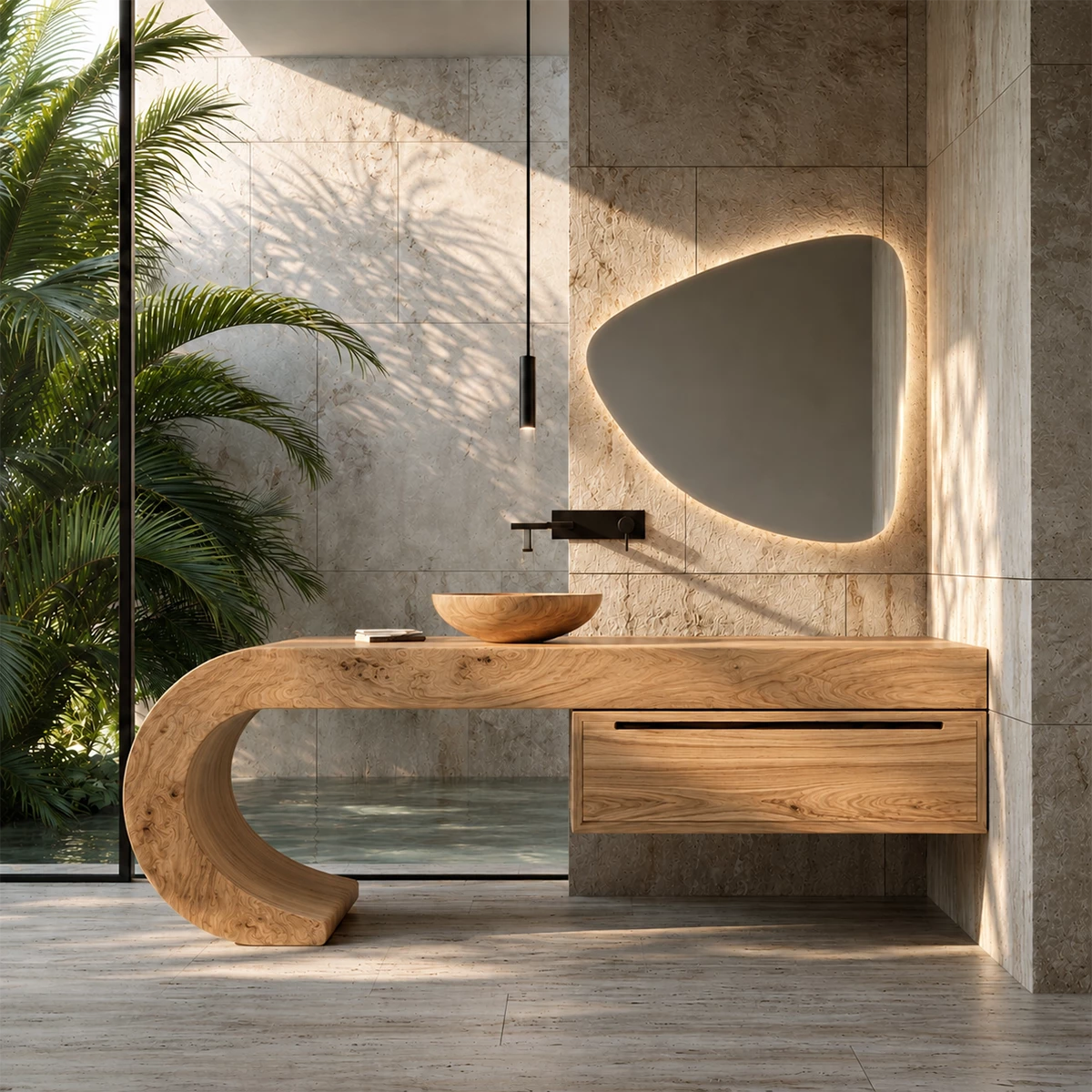 Organic Floating Bathroom Vanity With Sculptural Curved Wood Base