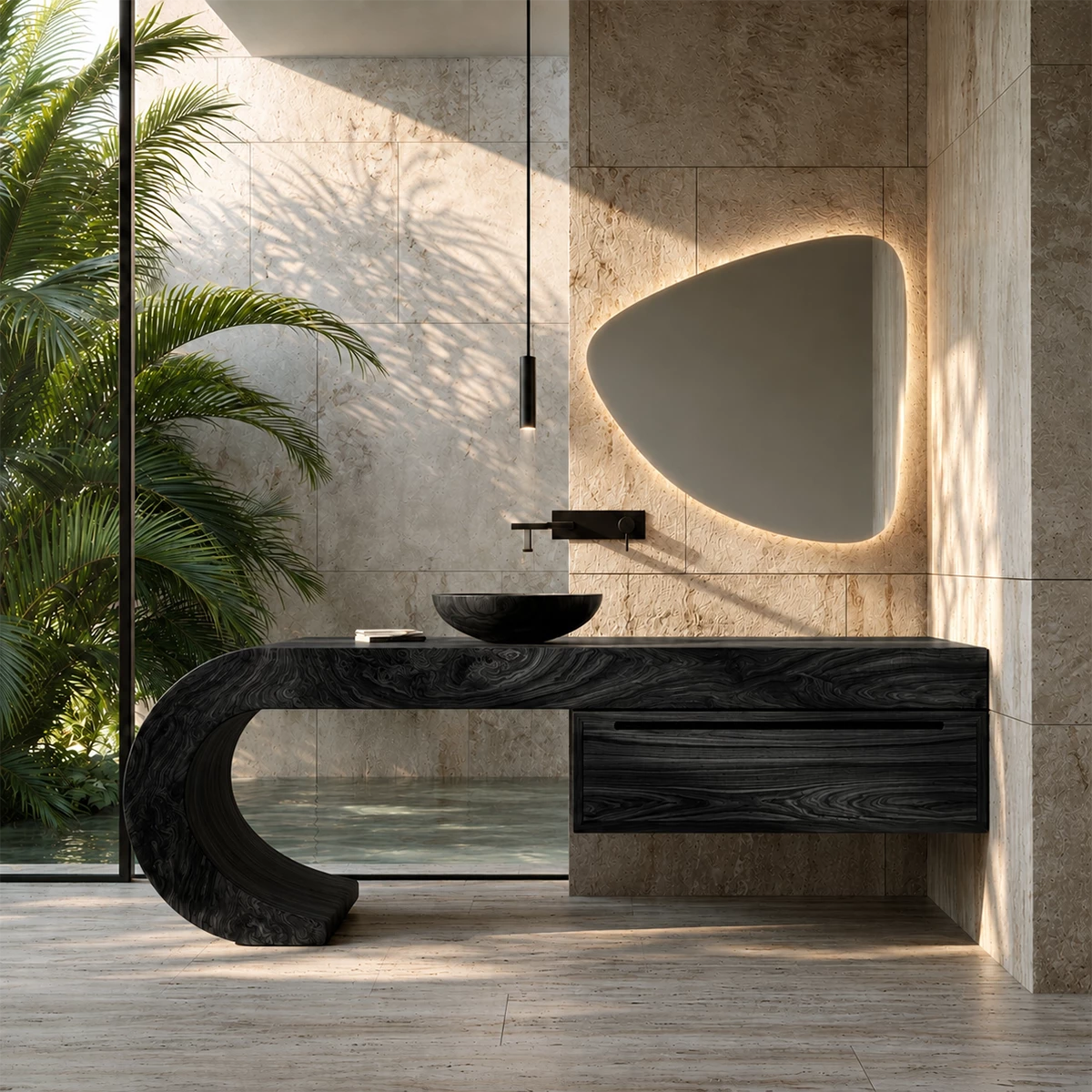 Organic Floating Bathroom Vanity With Sculptural Curved Wood Base