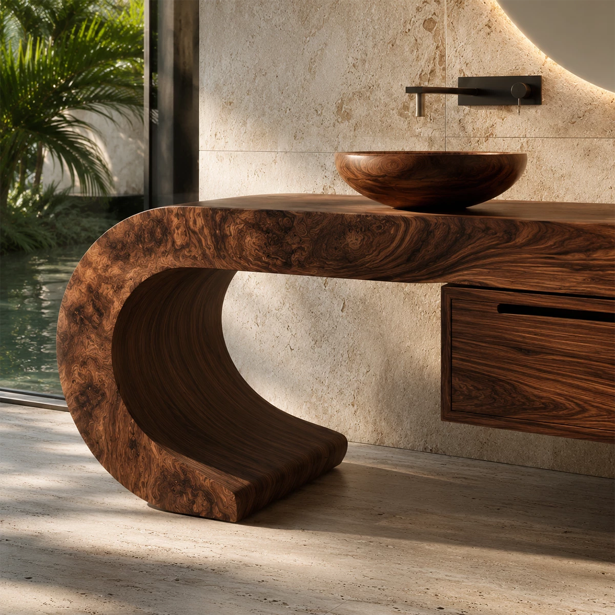Organic Floating Bathroom Vanity With Sculptural Curved Wood Base
