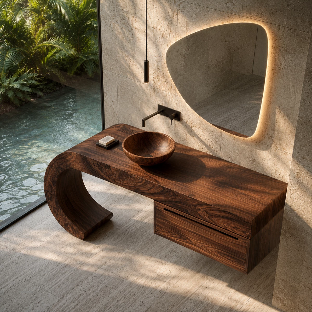 Organic Floating Bathroom Vanity With Sculptural Curved Wood Base