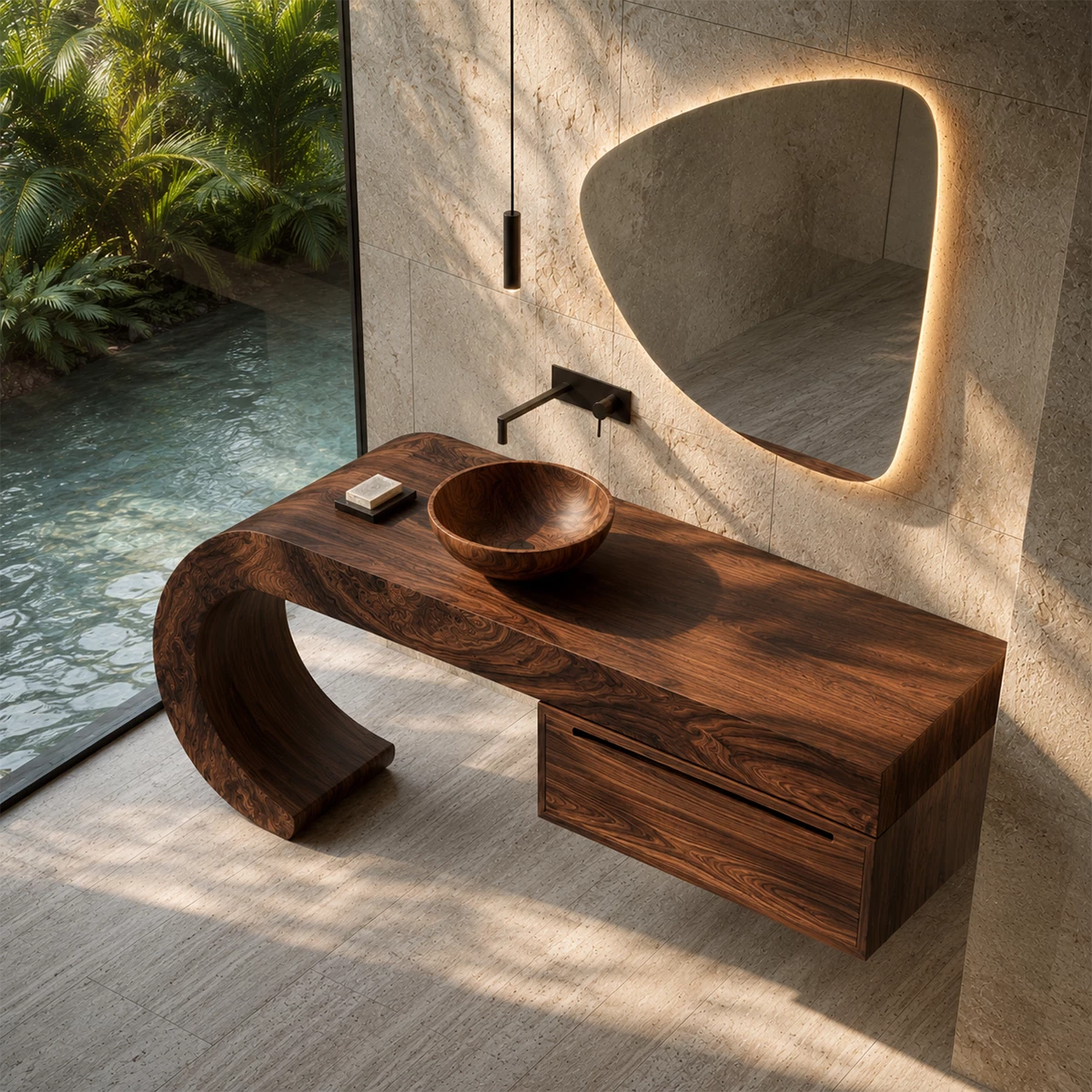Organic Floating Bathroom Vanity With Sculptural Curved Wood Base