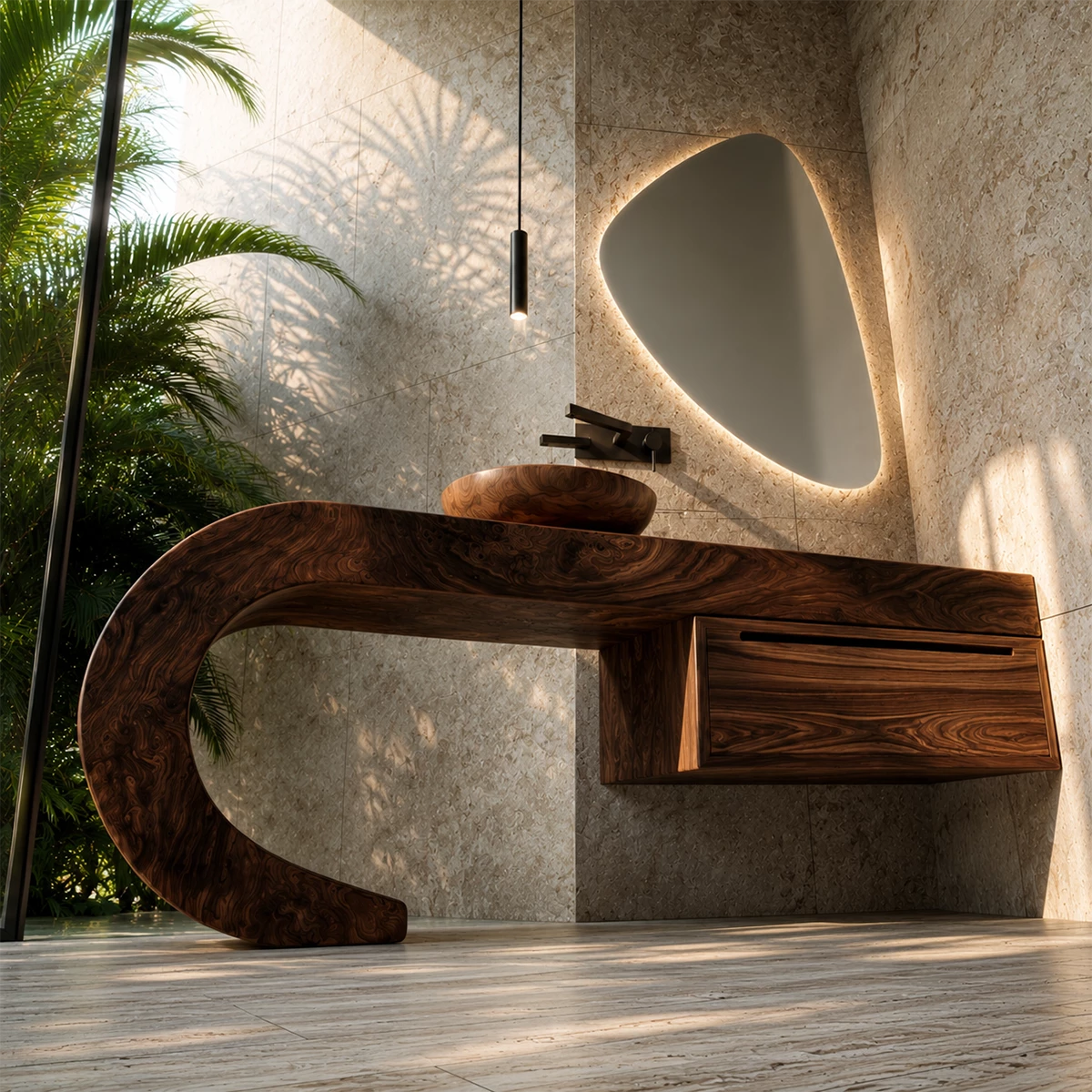 Organic Floating Bathroom Vanity With Sculptural Curved Wood Base