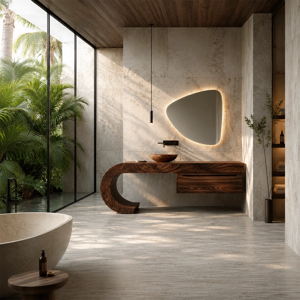 Organic Floating Bathroom Vanity With Sculptural Curved Wood Base