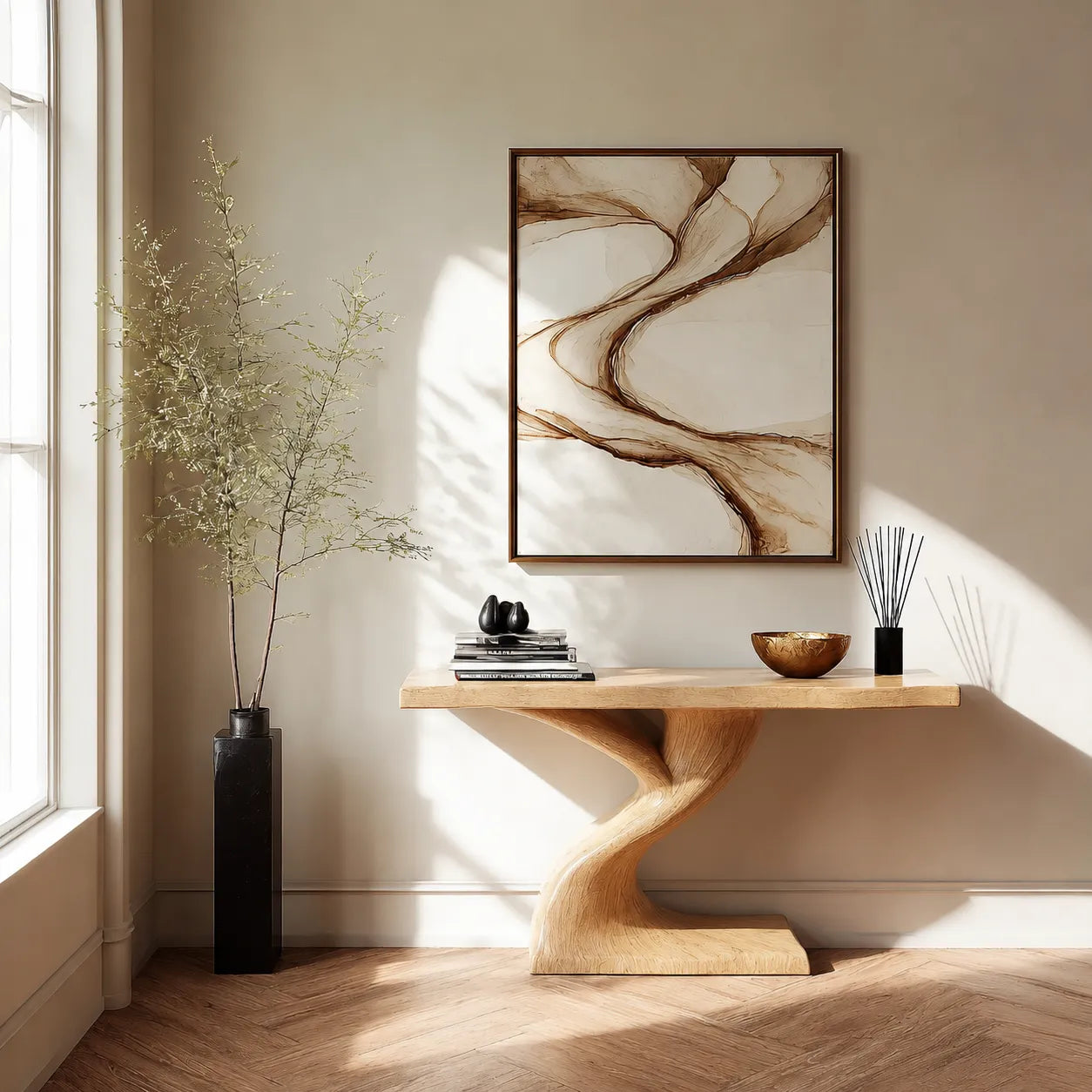 Live Edge Natural Solid Wood Console Table with Sculptural Base