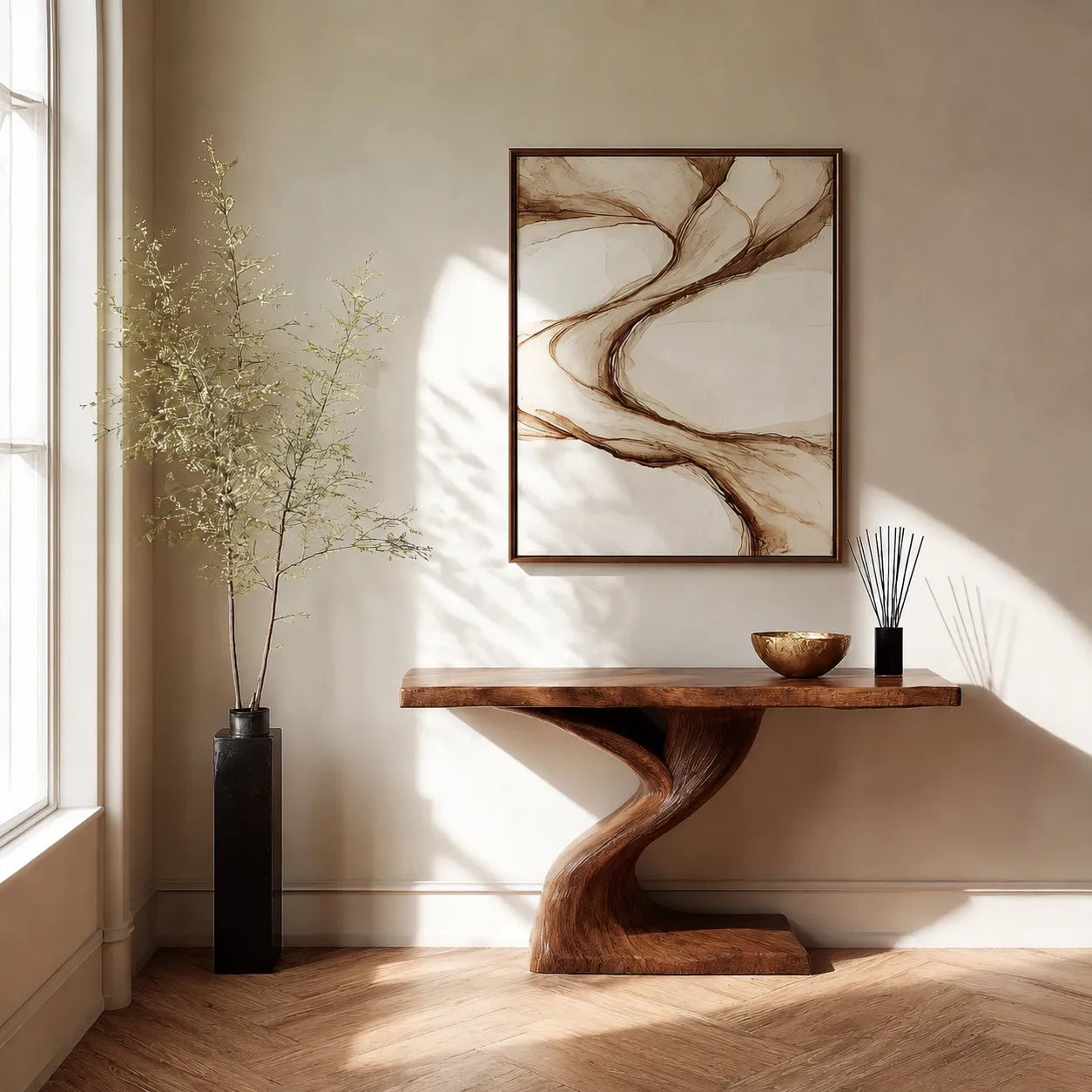 Live Edge Natural Solid Wood Console Table with Sculptural Base