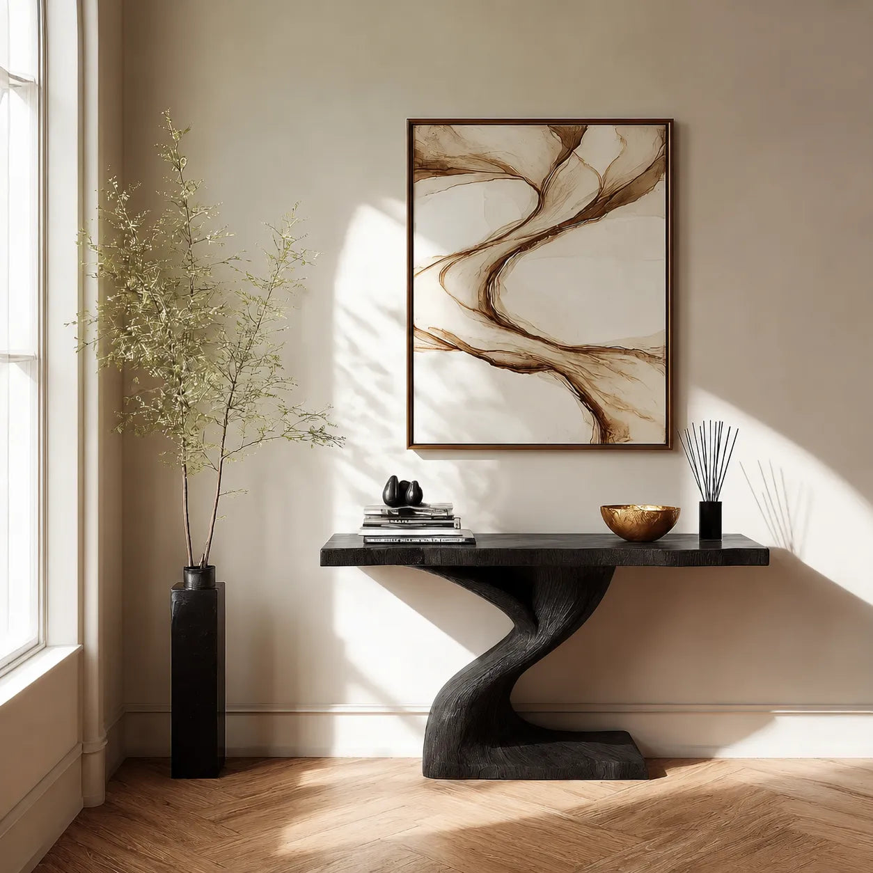 Live Edge Natural Solid Wood Console Table with Sculptural Base