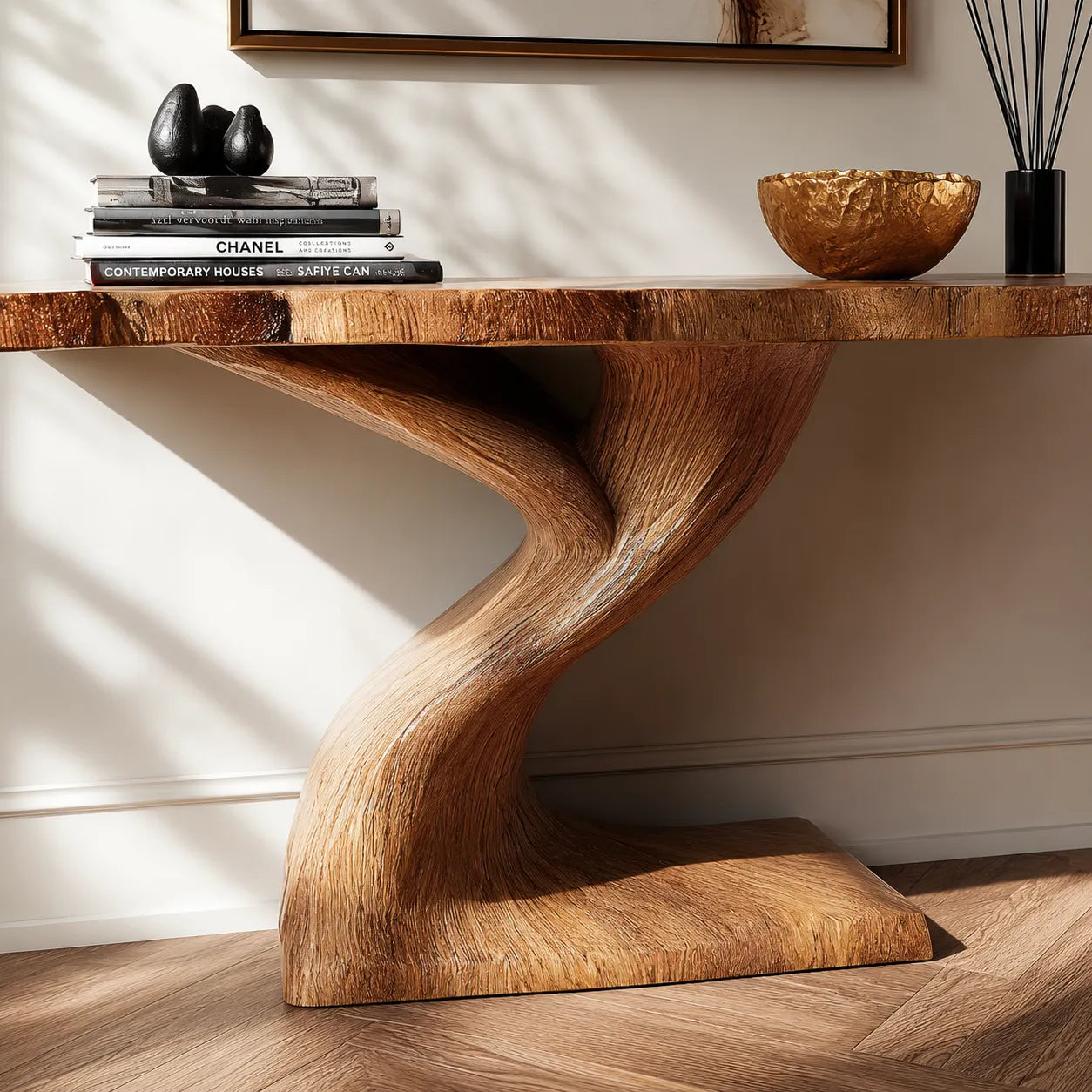 Live Edge Natural Solid Wood Console Table with Sculptural Base