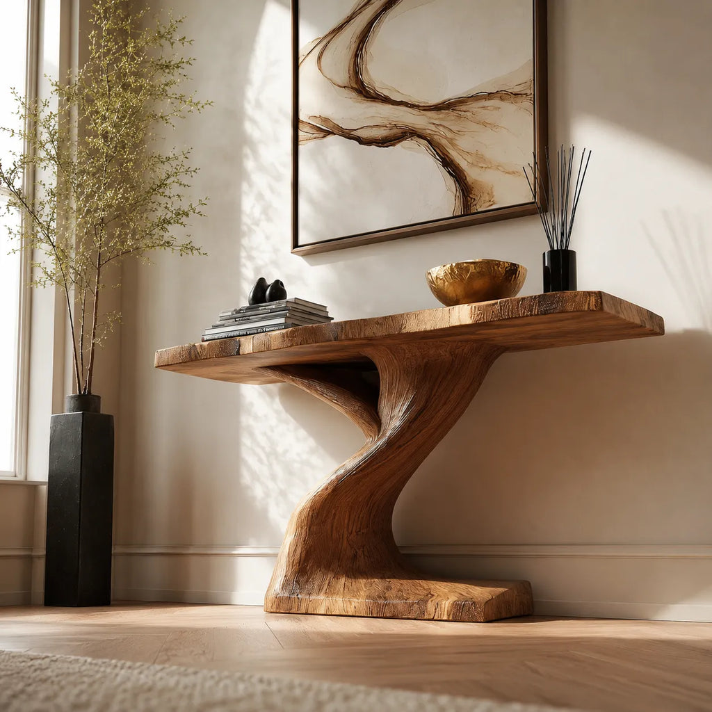 Live Edge Natural Solid Wood Console Table with Sculptural Base