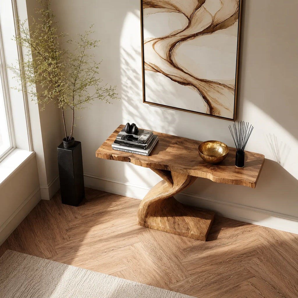 Live Edge Natural Solid Wood Console Table with Sculptural Base
