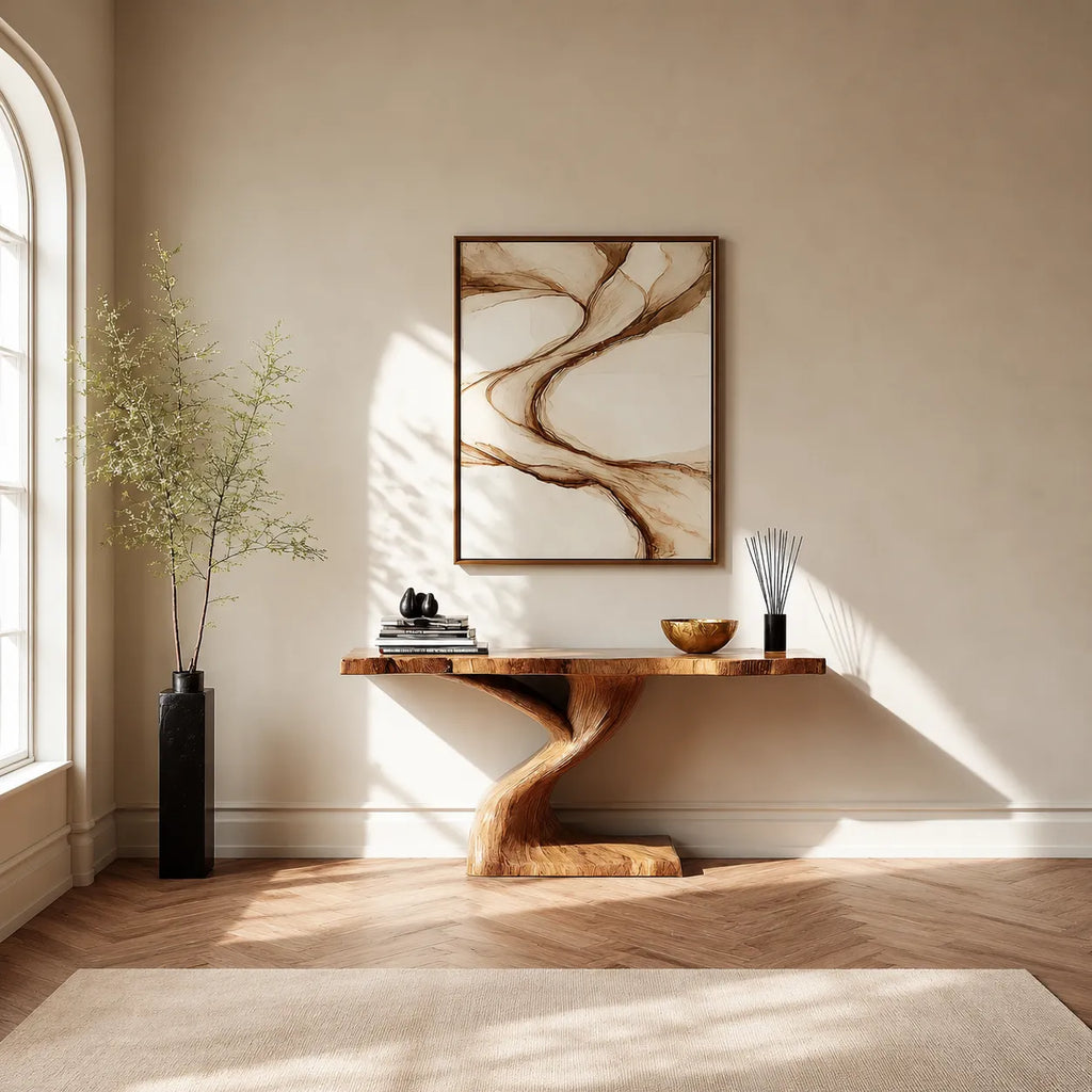 Live Edge Natural Solid Wood Console Table with Sculptural Base