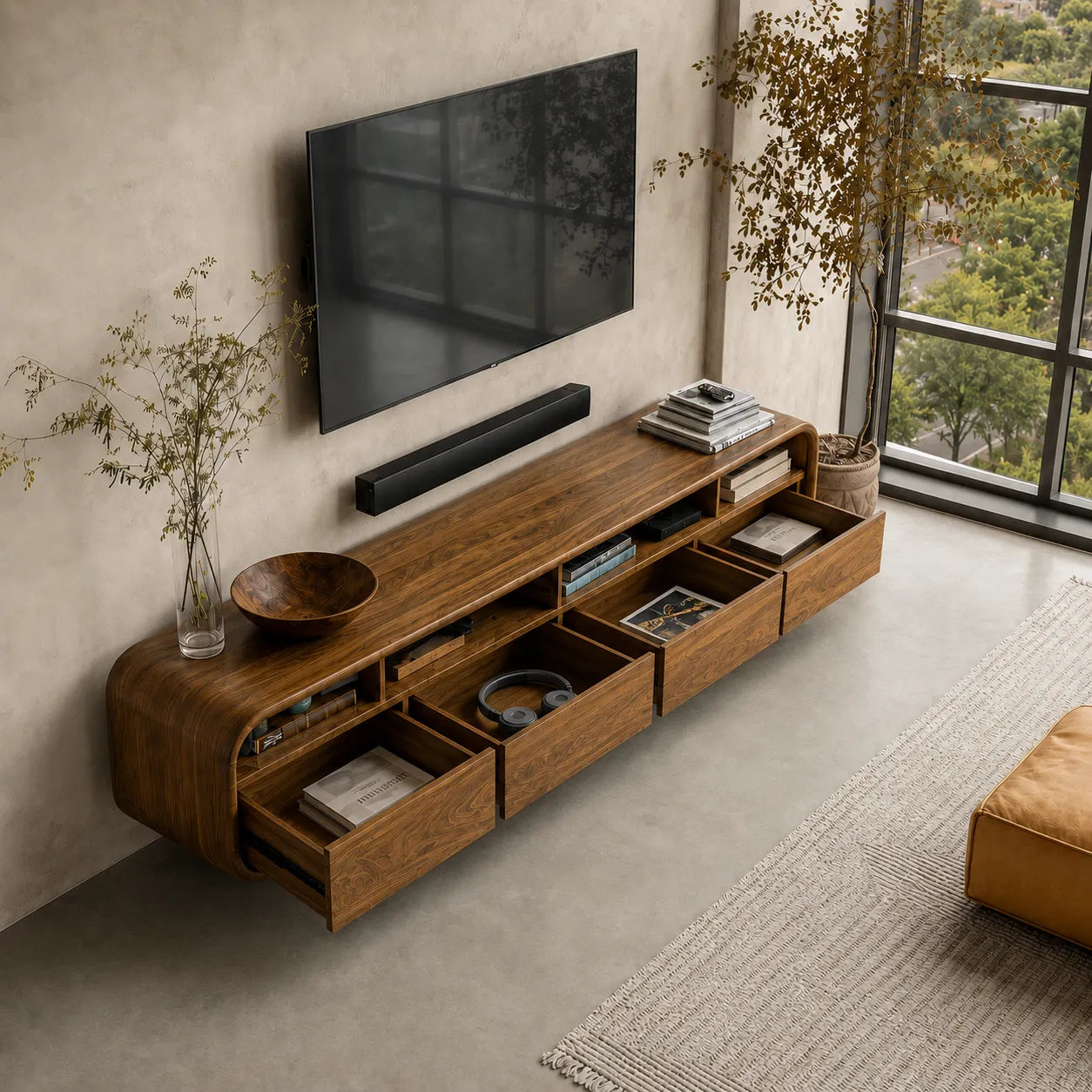 Rounded Natural Solid Wood TV Stand with Open Shelves and Drawer Storage