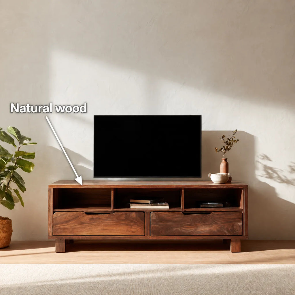 Natural Solid Wood TV Stand with Open Shelves and Dual Drawer Storage