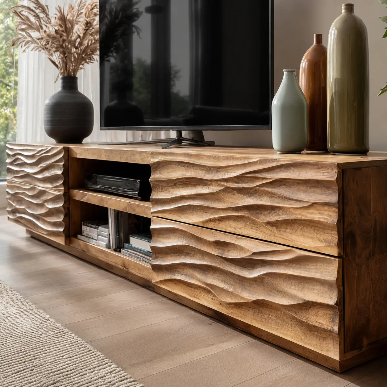 Wave Carved Natural Solid Wood TV Stand with Open Center Storage