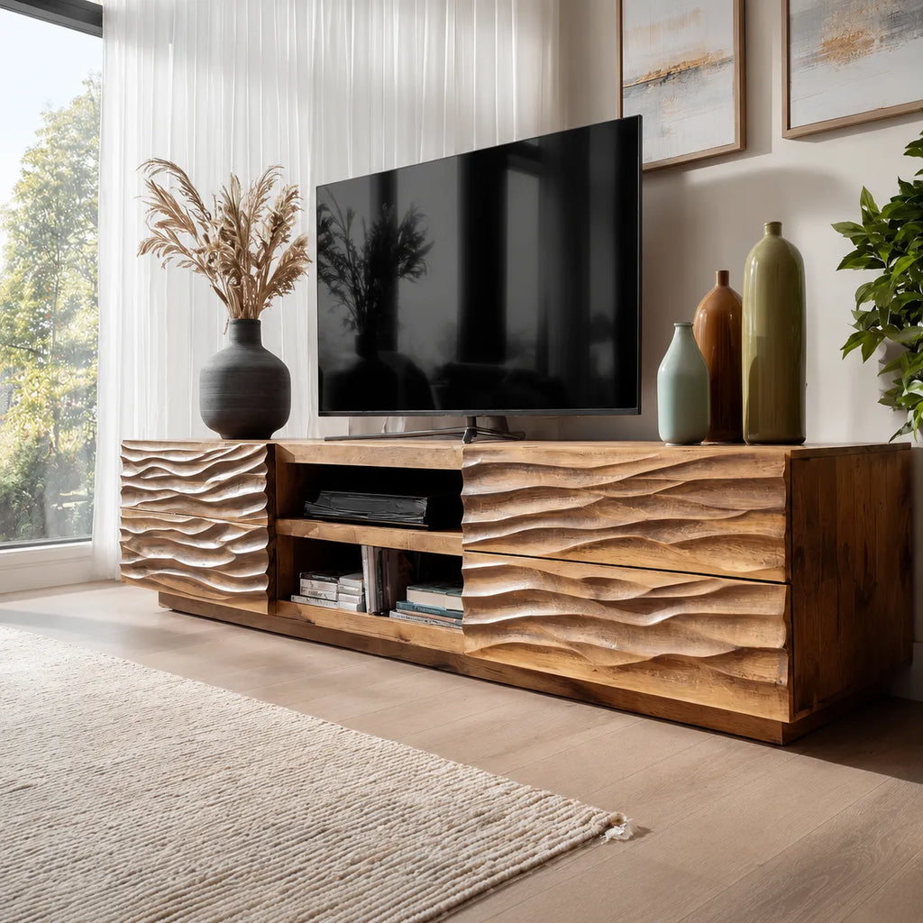 Wave Carved Natural Solid Wood TV Stand with Open Center Storage