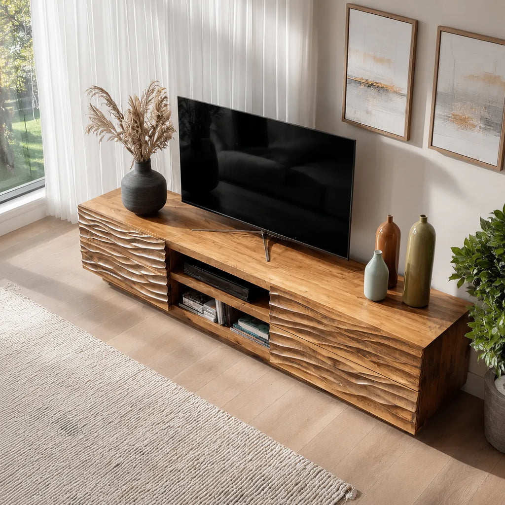 Wave Carved Natural Solid Wood TV Stand with Open Center Storage