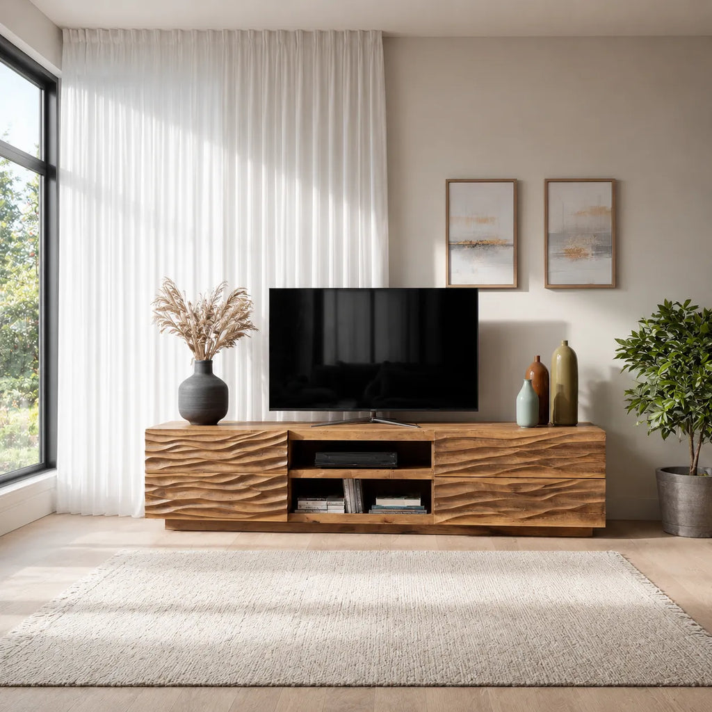 Wave Carved Natural Solid Wood TV Stand with Open Center Storage