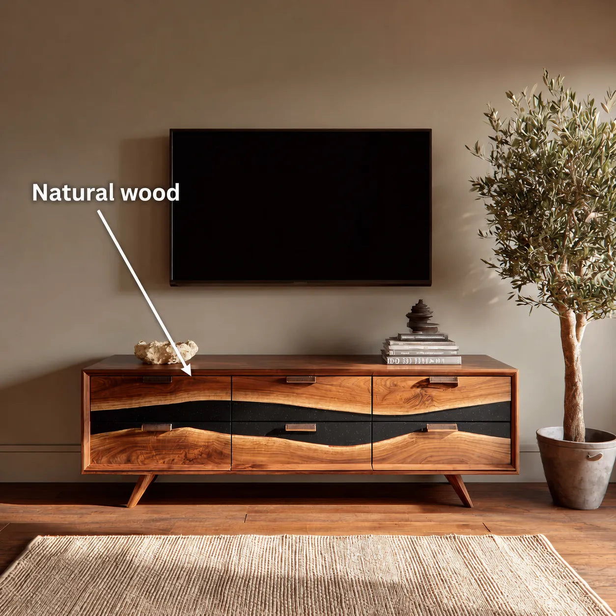 Wave Front Natural Solid Wood TV Stand with Six Drawer Storage