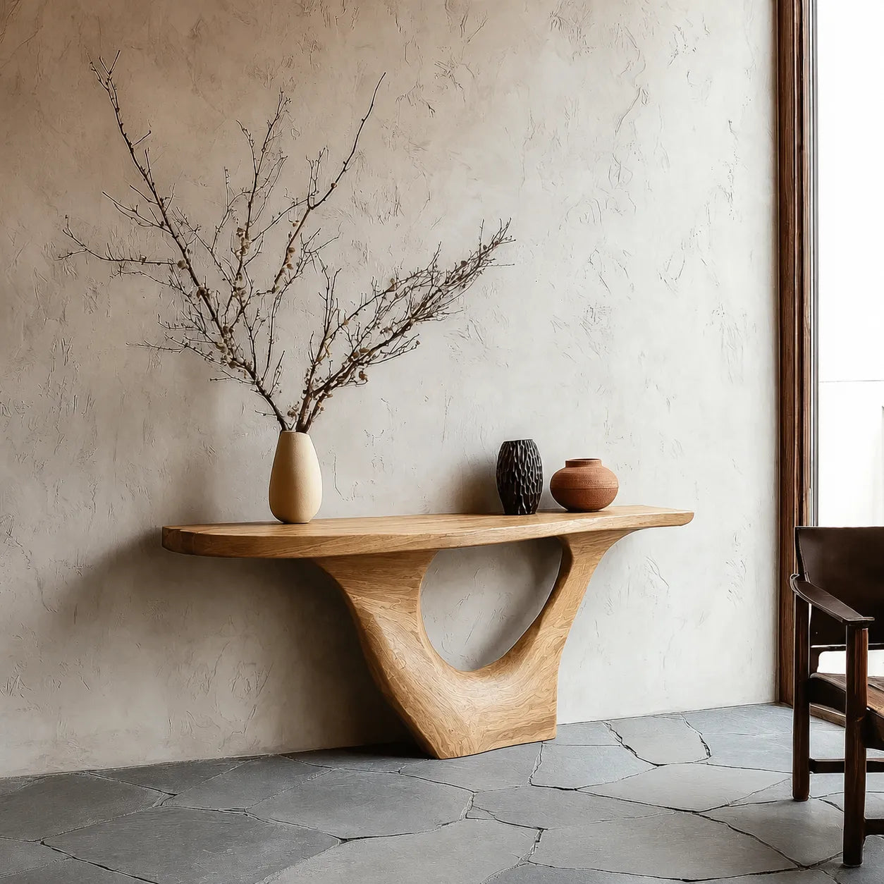 Sculptural Natural Solid Wood Console Table with Organic Open Base