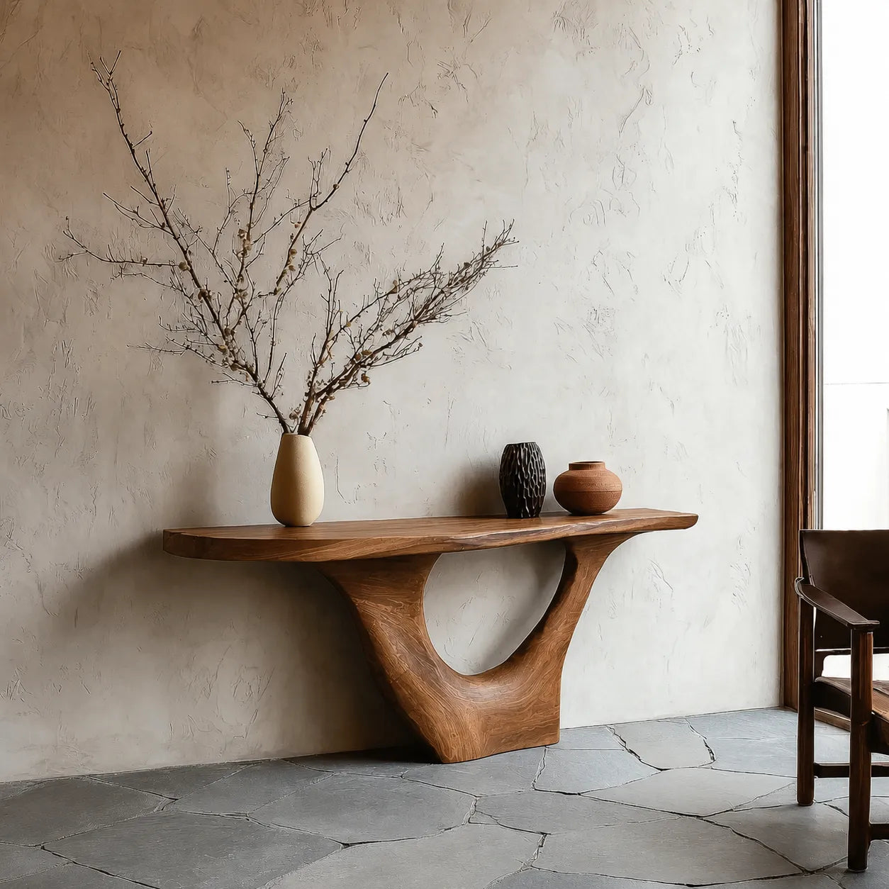 Sculptural Natural Solid Wood Console Table with Organic Open Base
