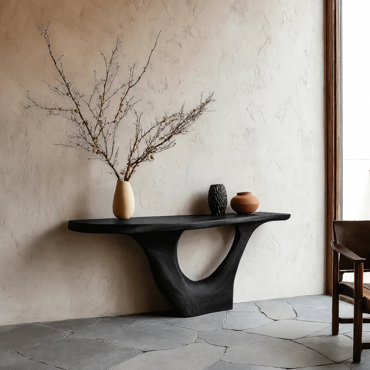 Sculptural Natural Solid Wood Console Table with Organic Open Base