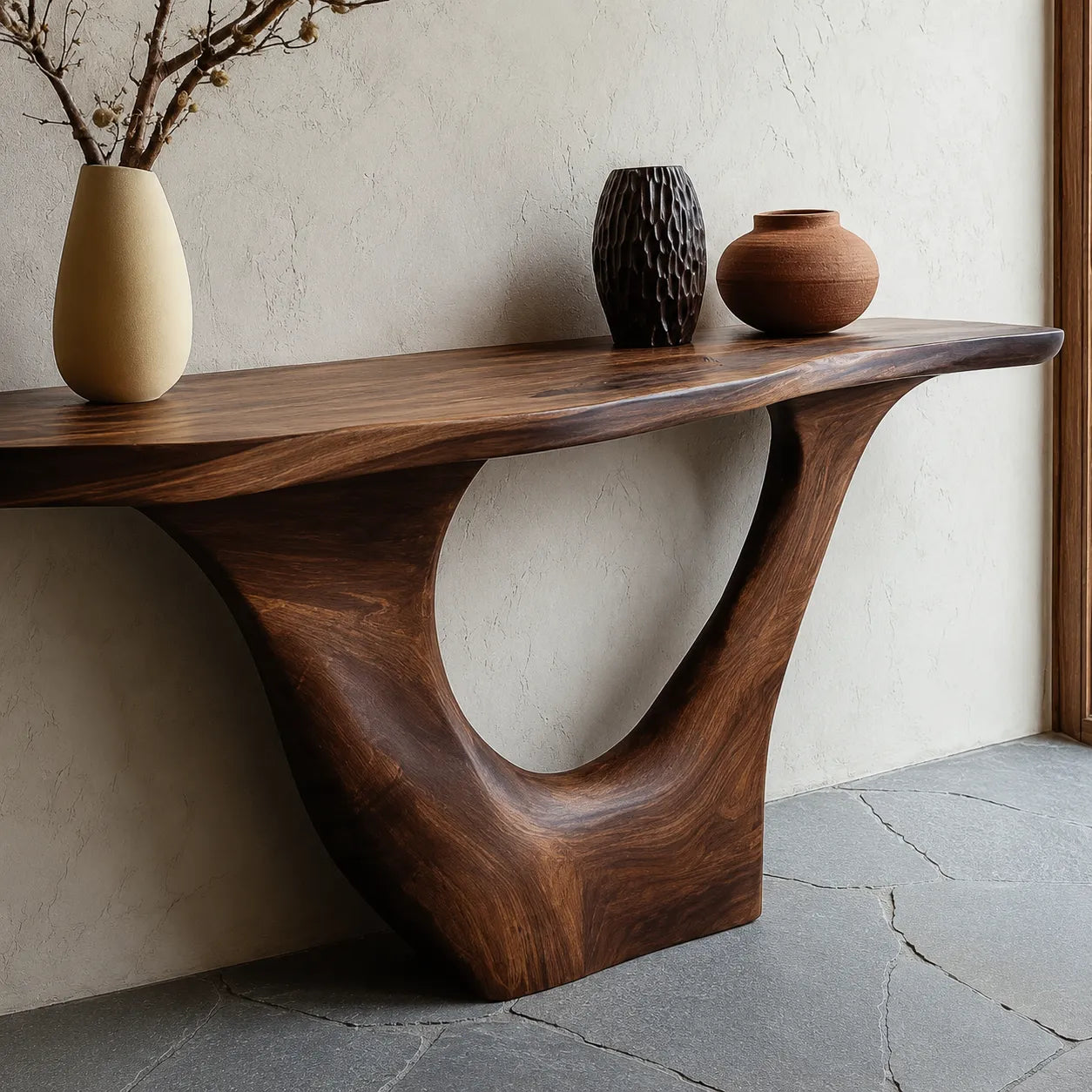 Sculptural Natural Solid Wood Console Table with Organic Open Base
