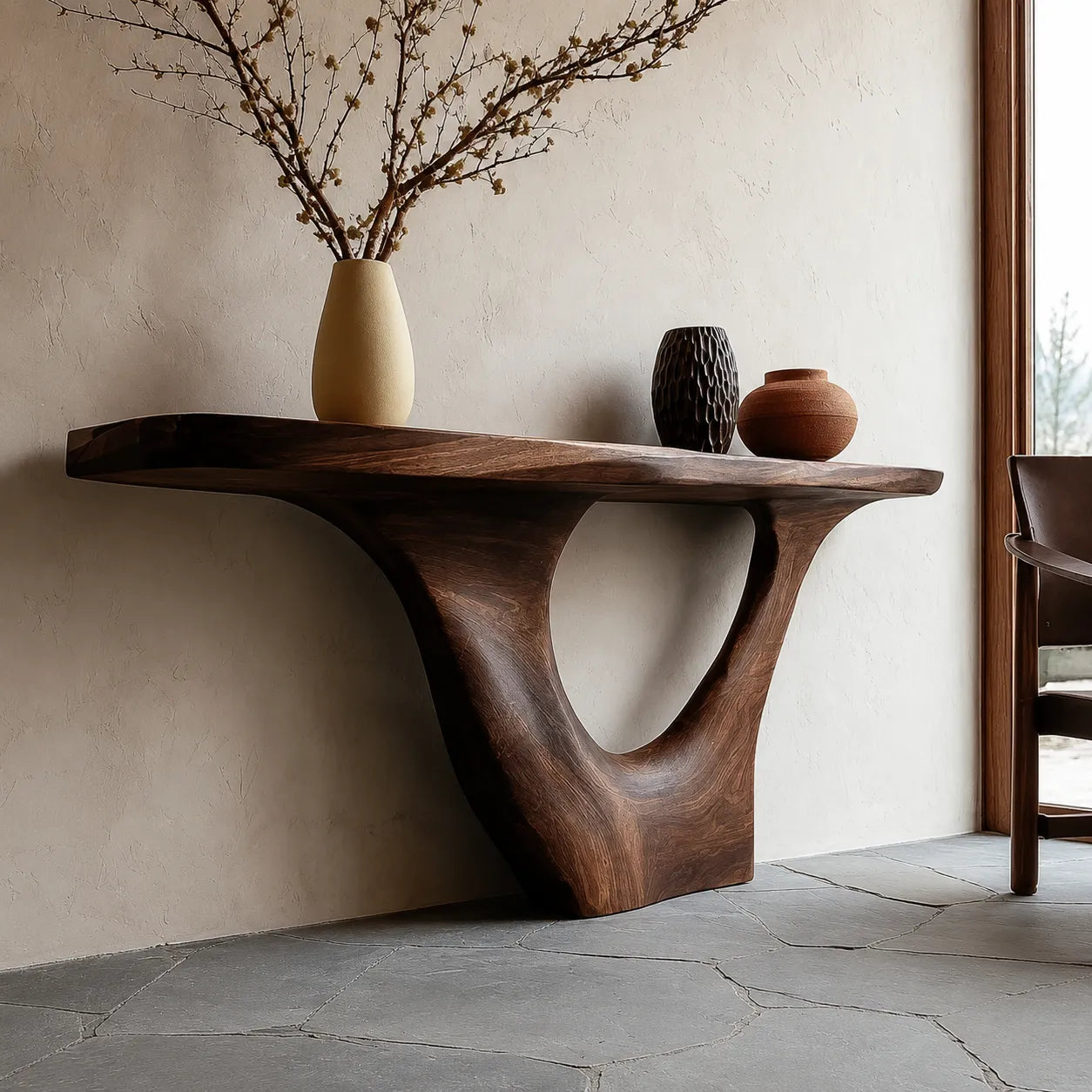 Sculptural Natural Solid Wood Console Table with Organic Open Base